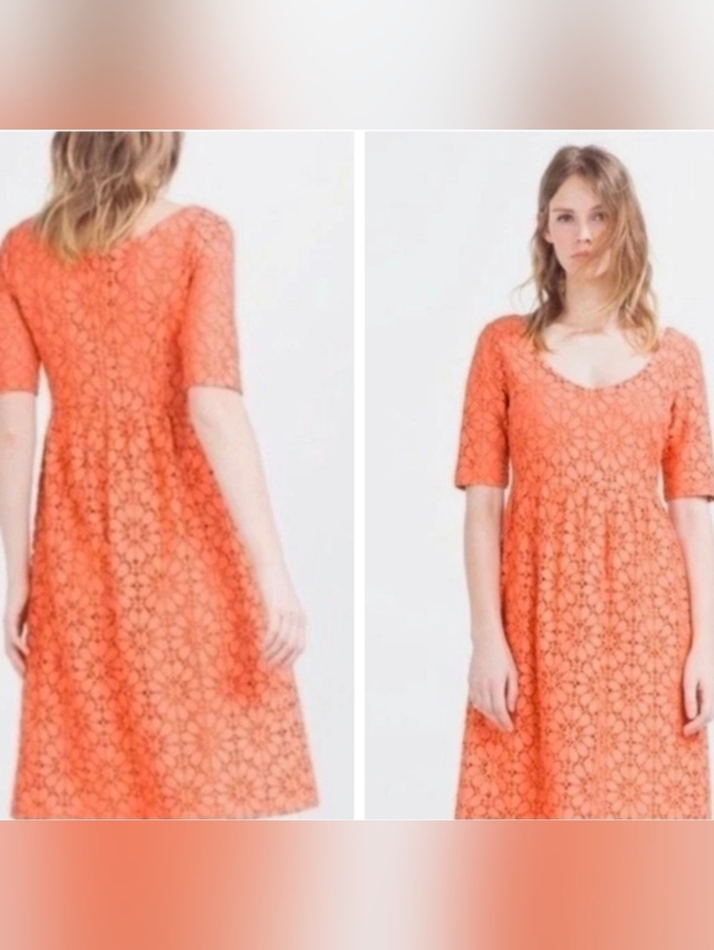 Zara Basic Peach Dress Size XS Floral Lace Eyelet Midi Dress